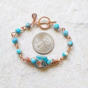 Ocean Blues Beaded Copper Bracelet! Wire Wrapped Rosary Style w. Center Focal